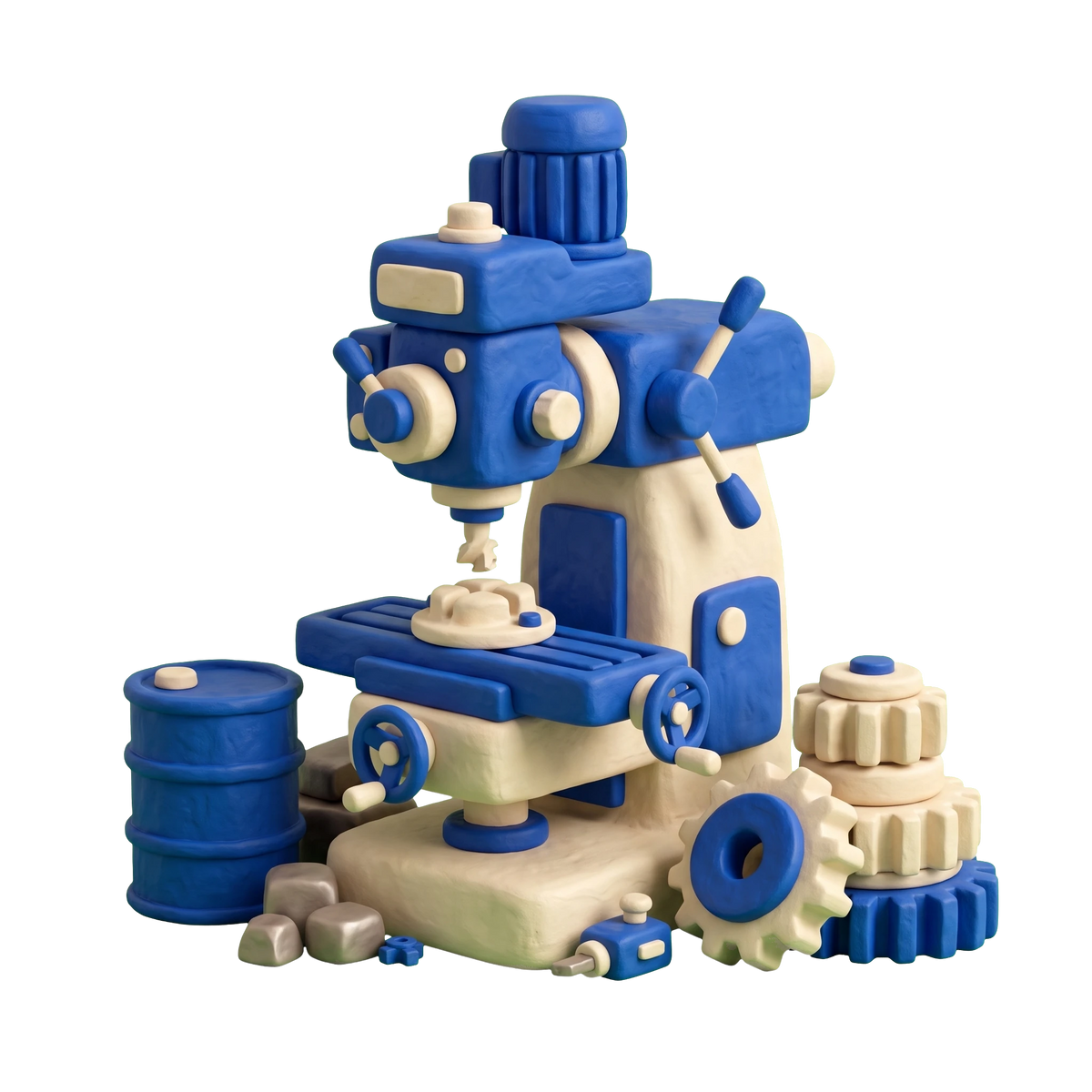 Machinery parts manufacturer illustration in blue and ivory clay