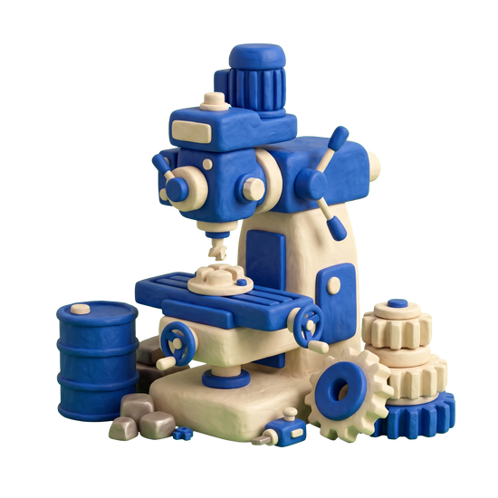 Machinery parts manufacturer illustration in blue and ivory clay