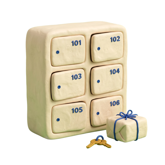 Mailbox rental service illustration in blue and ivory clay