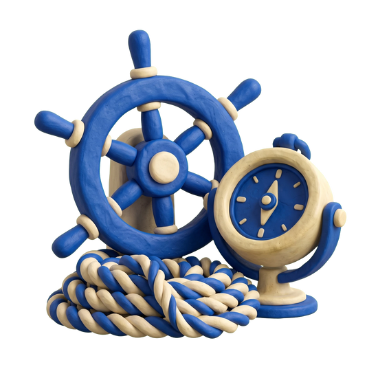 Marine supply store illustration in blue and ivory clay