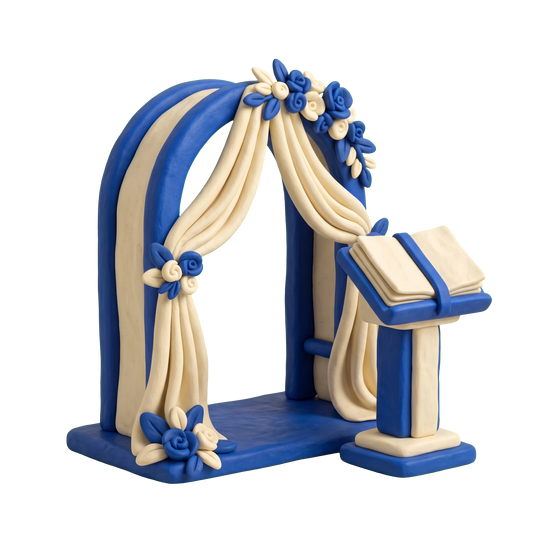 Marriage celebrant illustration in blue and ivory clay