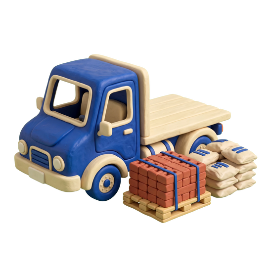 Masonry supply store illustration in blue and ivory clay