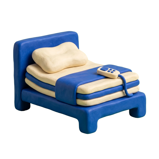 Mattress store illustration in blue and ivory clay