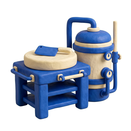 Meat processor illustration in blue and ivory clay