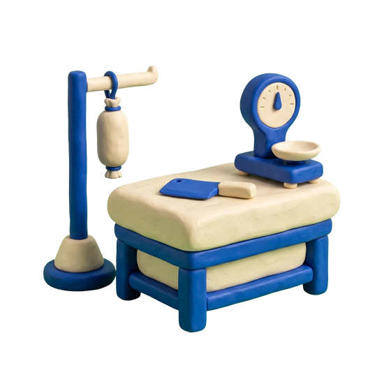 Meat products store illustration in blue and ivory clay