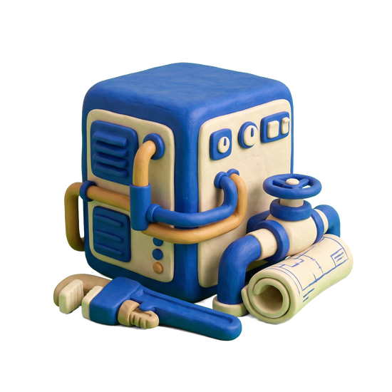 Mechanical contractor illustration in blue and ivory clay