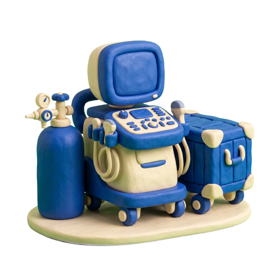 Medical equipment supplier illustration in blue and ivory clay