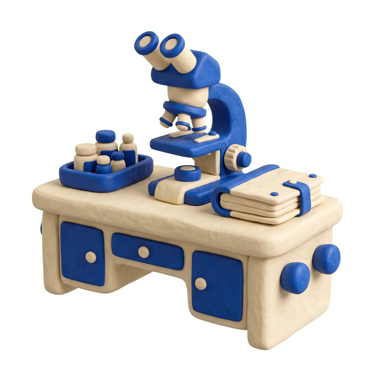 Medical examiner illustration in blue and ivory clay