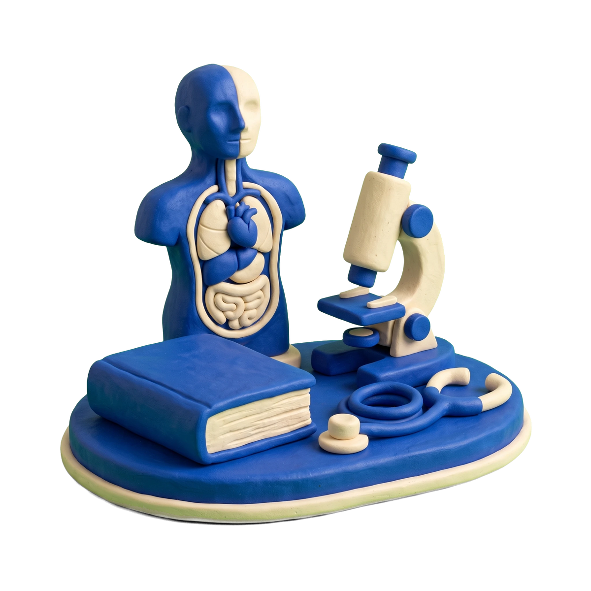 Medical school illustration in blue and ivory clay