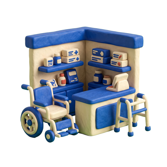 Medical supply store illustration in blue and ivory clay