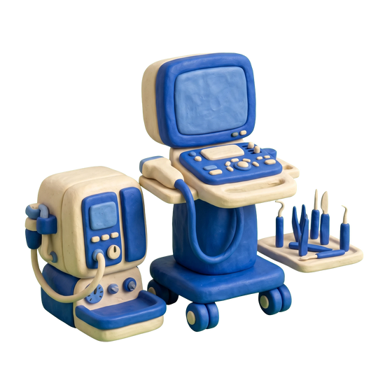 Medical technology manufacturer illustration in blue and ivory clay