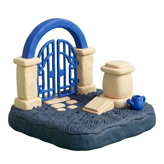Memorial park illustration in blue and ivory clay