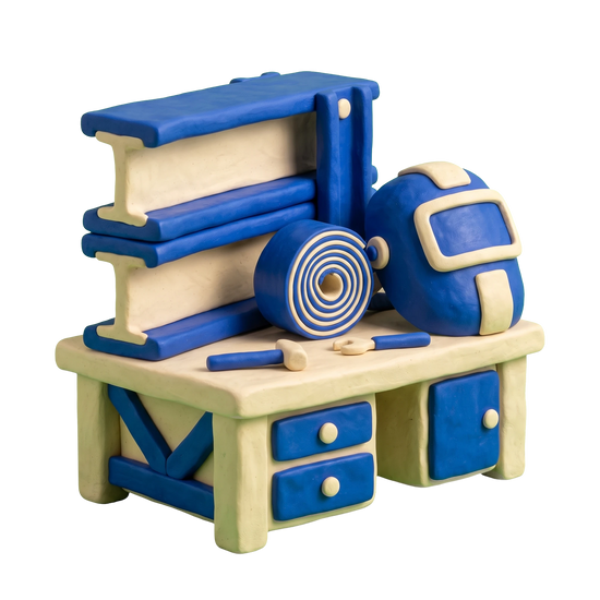 Metal construction company illustration in blue and ivory clay