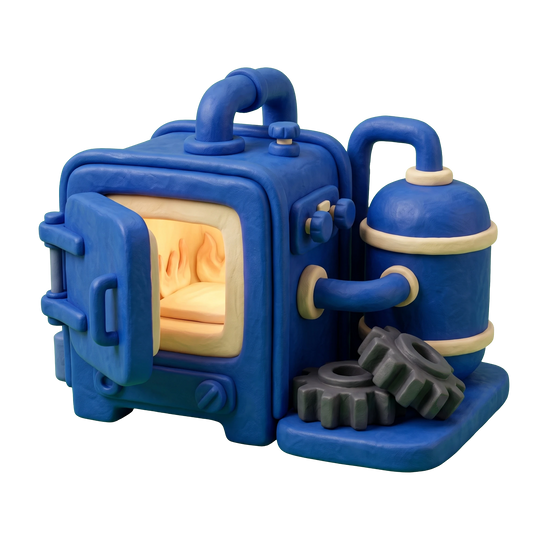 Metal heat treating service illustration in blue and ivory clay