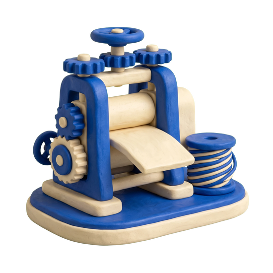 Metal processing company illustration in blue and ivory clay