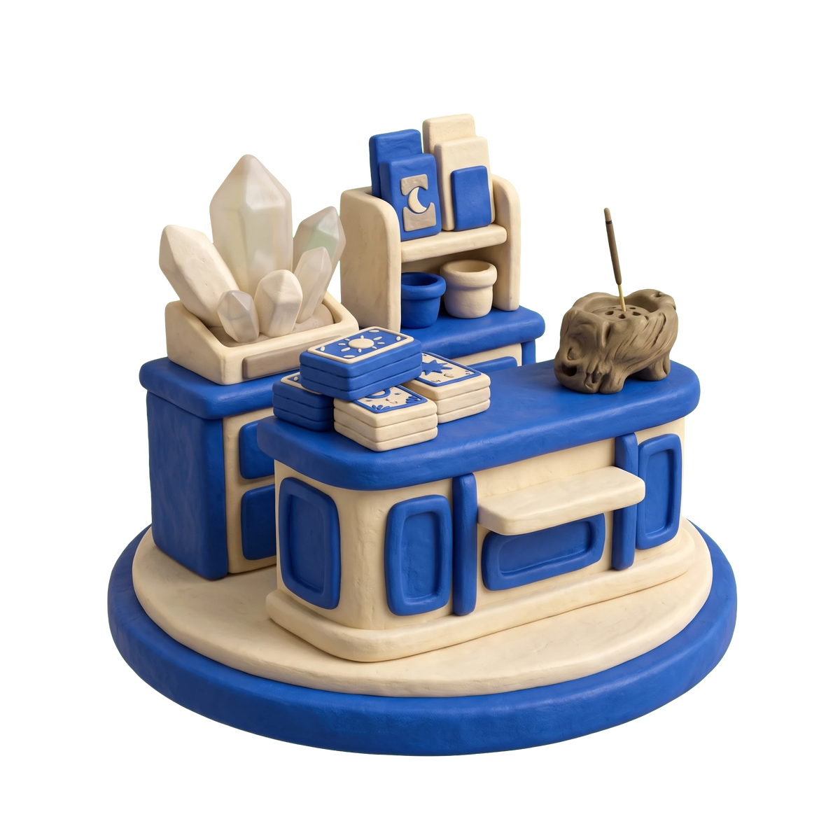 Metaphysical supply store illustration in blue and ivory clay