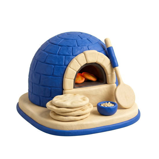 Middle Eastern restaurant illustration in blue and ivory clay