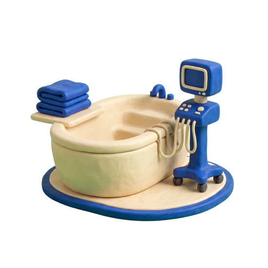 Midwife illustration in blue and ivory clay