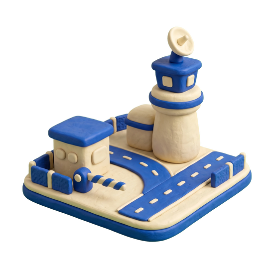 Military base illustration in blue and ivory clay