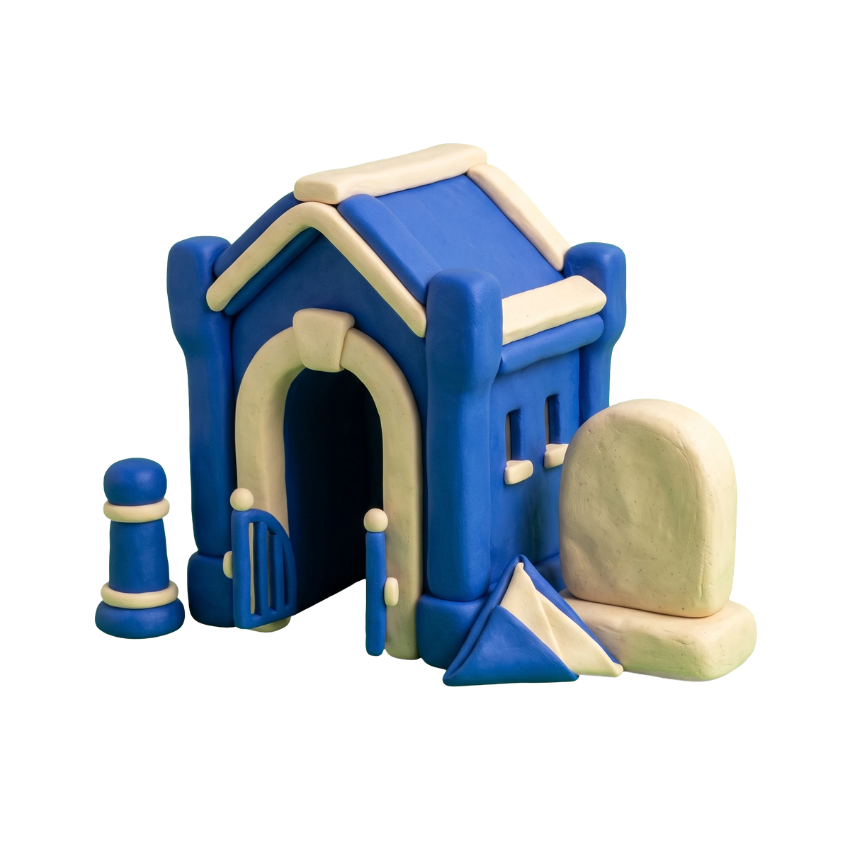 Military cemetery illustration in blue and ivory clay