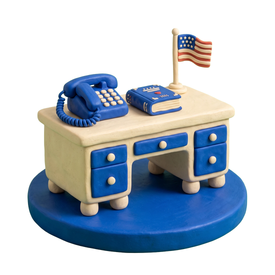 Military recruiting office illustration in blue and ivory clay