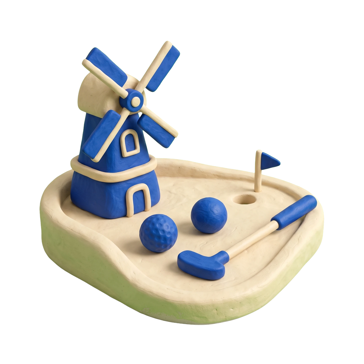Miniature golf course illustration in blue and ivory clay