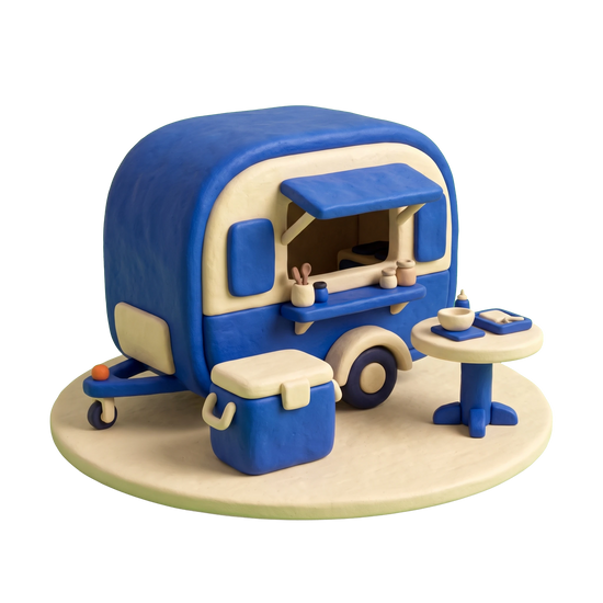 Mobile caterer illustration in blue and ivory clay
