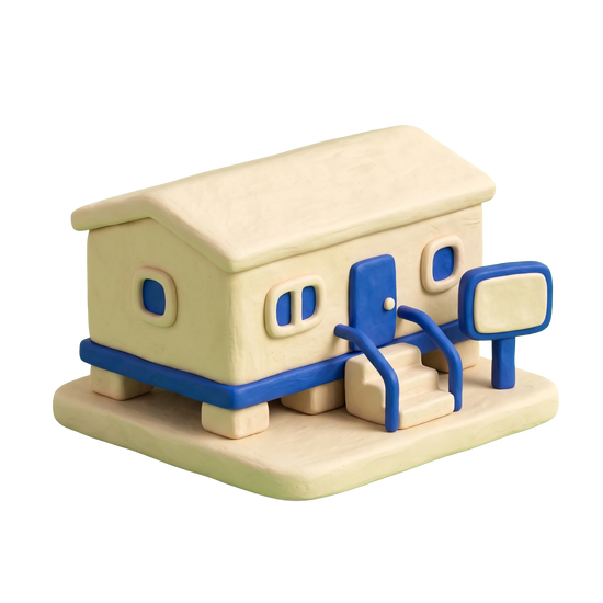 Mobile home dealer illustration in blue and ivory clay