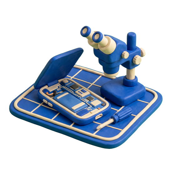 Mobile phone repair shop illustration in blue and ivory clay