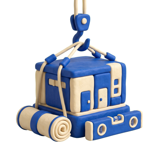 Modular home builder illustration in blue and ivory clay