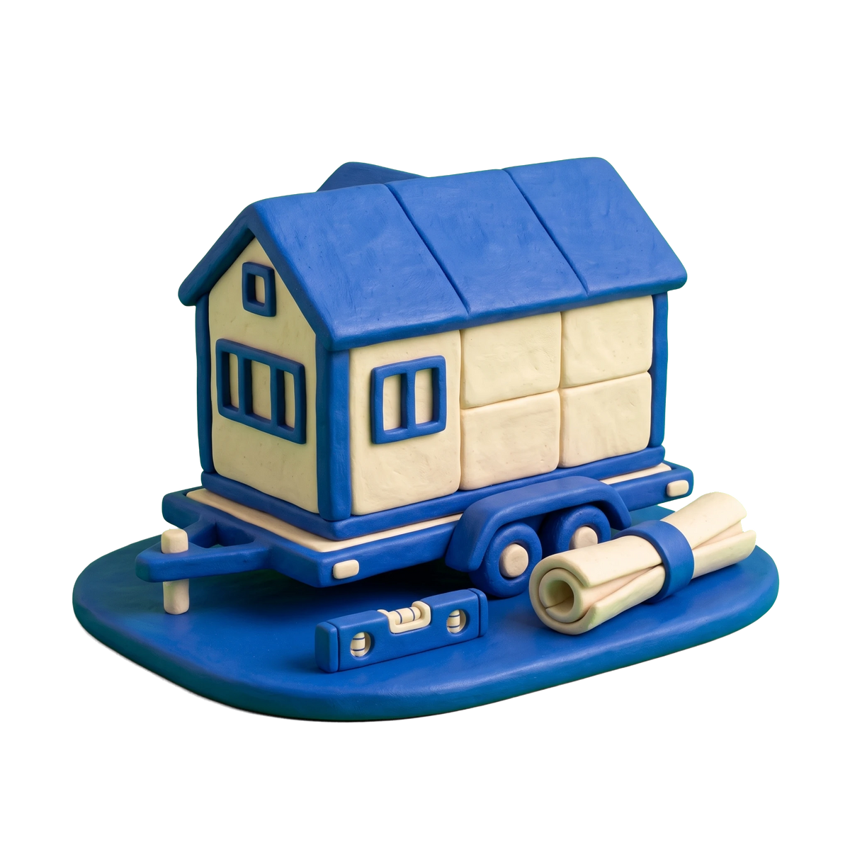 Modular home dealer illustration in blue and ivory clay