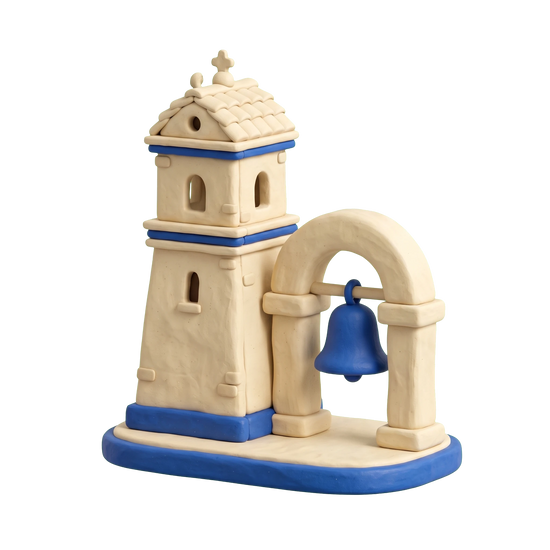 Monastery illustration in blue and ivory clay