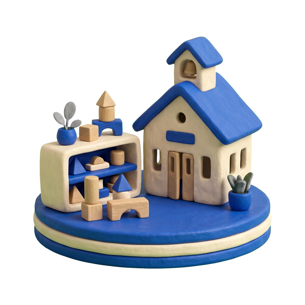 Montessori school illustration in blue and ivory clay
