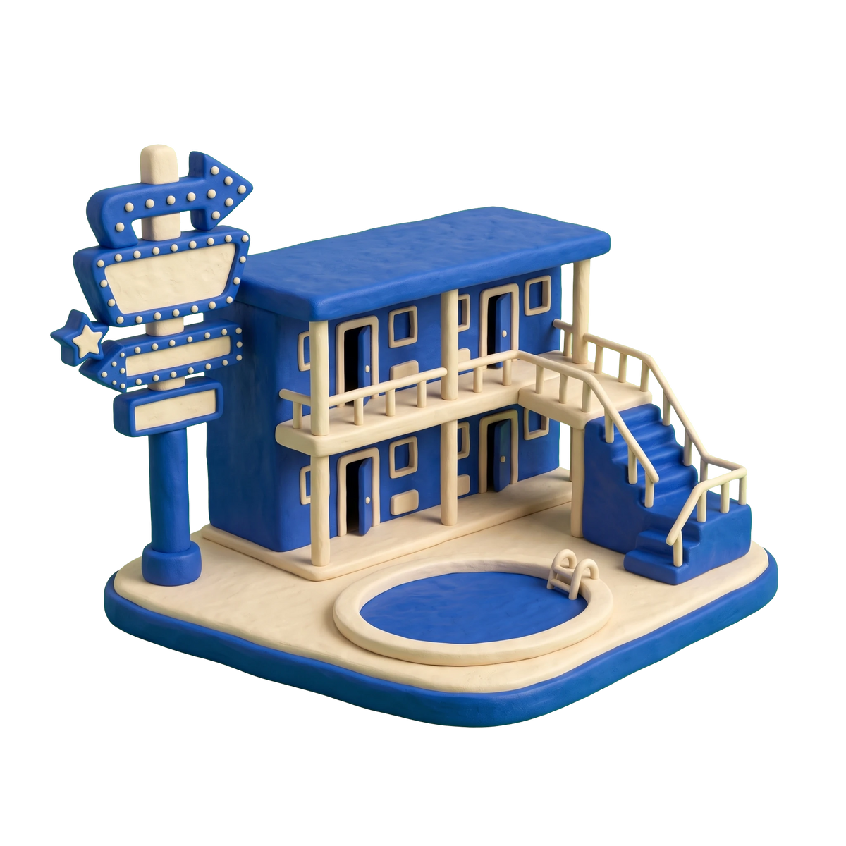 Motel illustration in blue and ivory clay