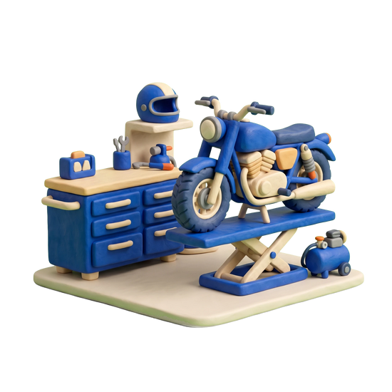 Motorcycle dealer illustration in blue and ivory clay