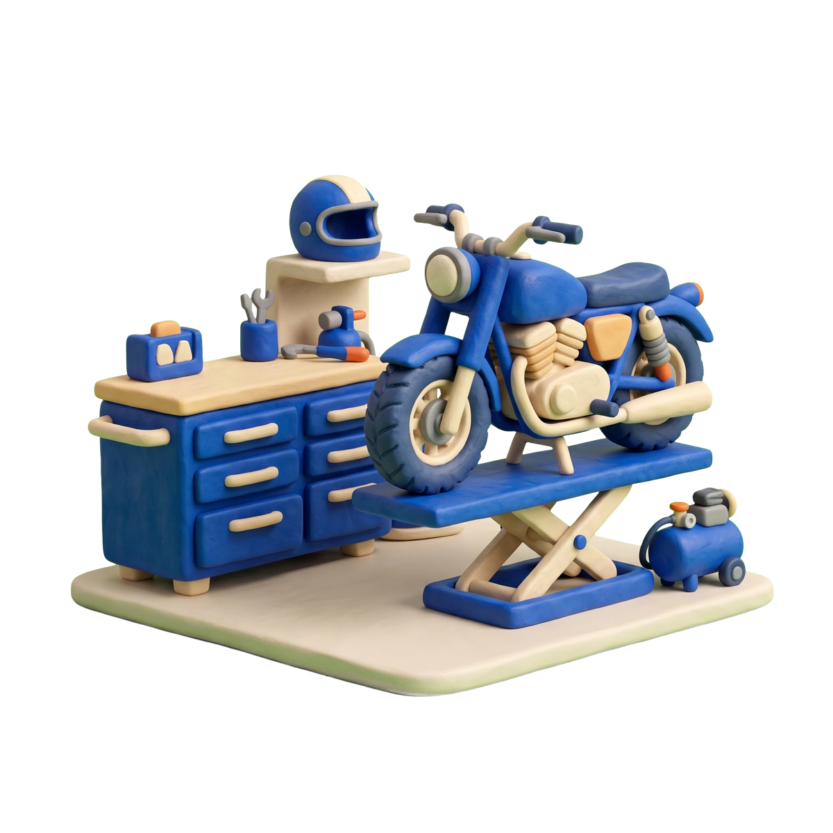 Motorcycle dealer illustration in blue and ivory clay