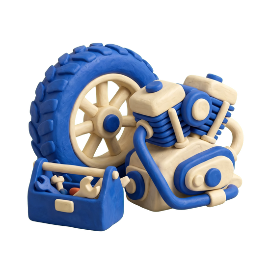 Motorcycle parts store illustration in blue and ivory clay