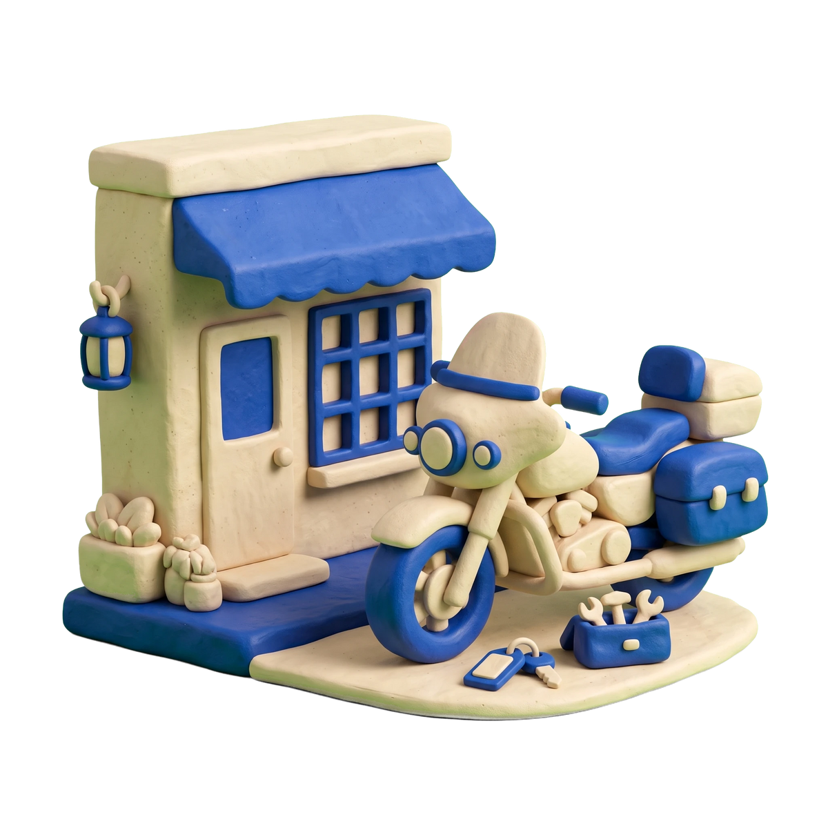 Motorcycle rental agency illustration in blue and ivory clay
