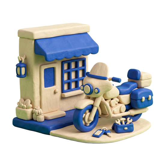 Motorcycle rental agency illustration in blue and ivory clay