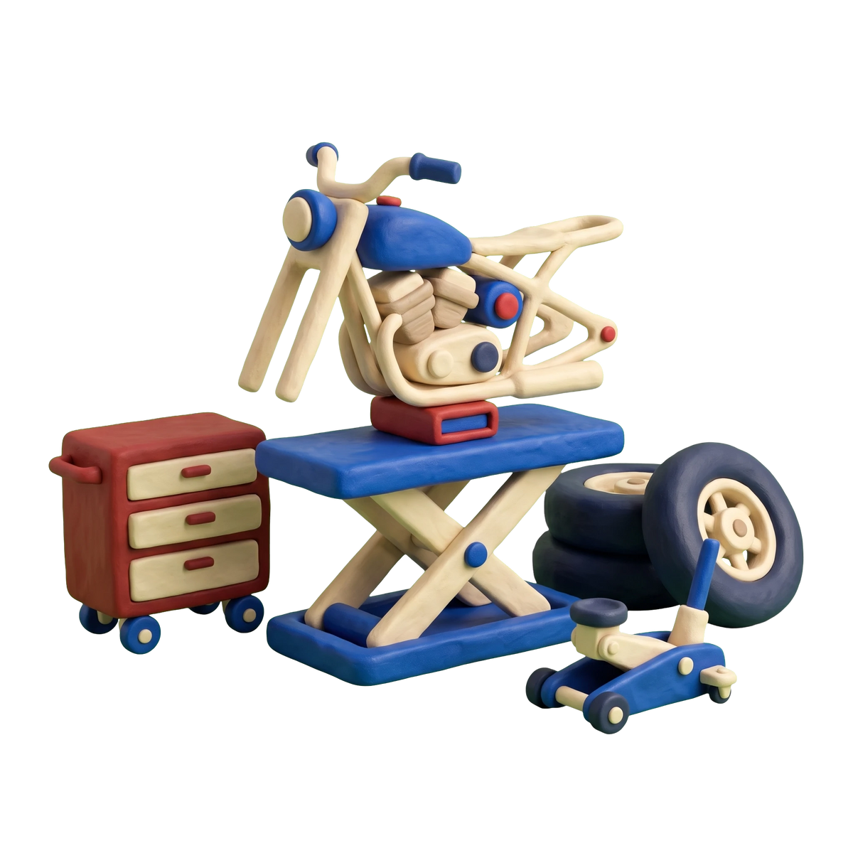 Motorcycle repair shop illustration in blue and ivory clay