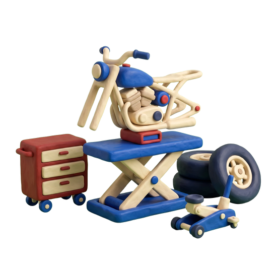 Motorcycle repair shop illustration in blue and ivory clay