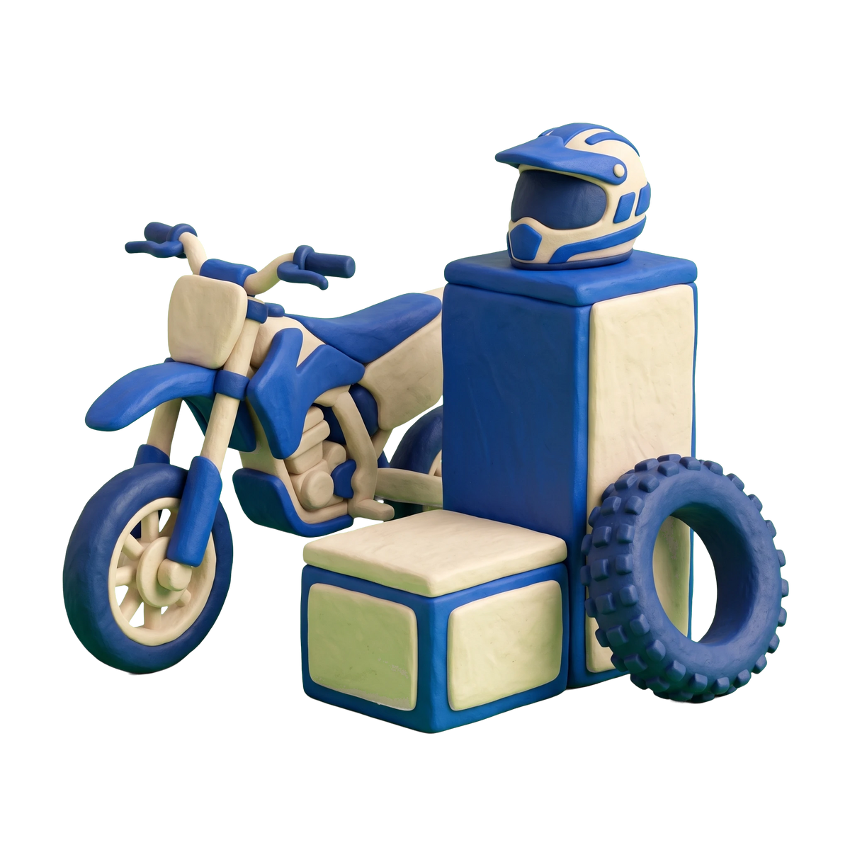 Motorsports store illustration in blue and ivory clay