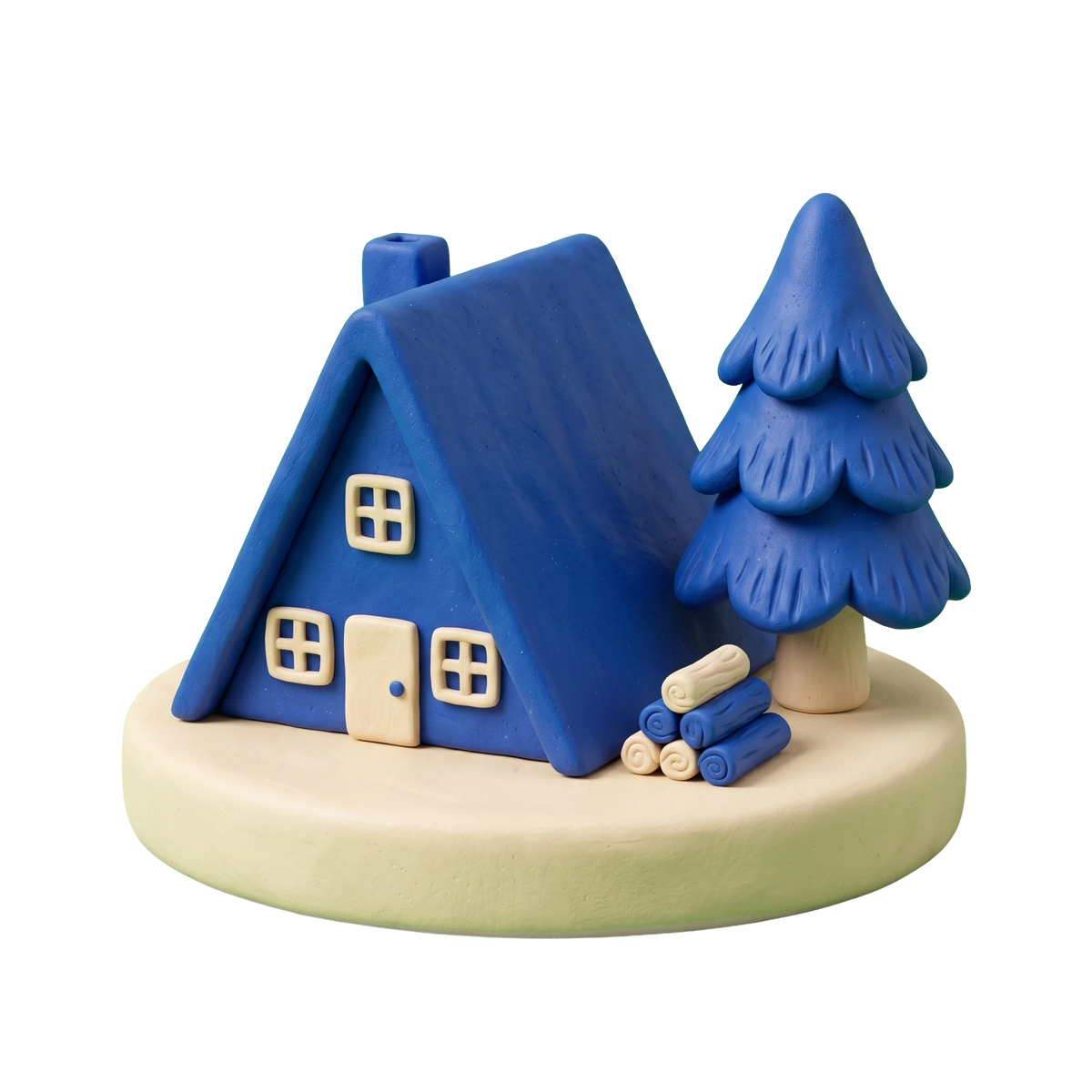 Mountain cabin illustration in blue and ivory clay
