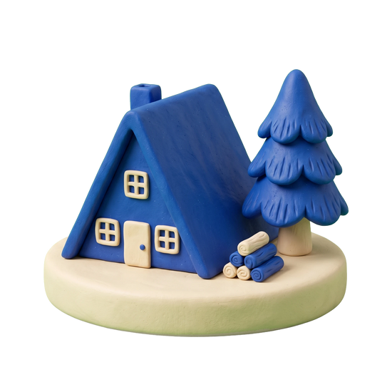 Mountain cabin illustration in blue and ivory clay
