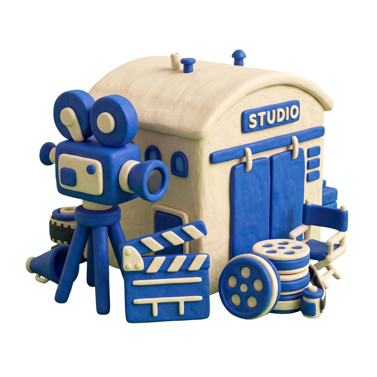 Movie studio illustration in blue and ivory clay