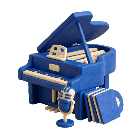 Music publisher illustration in blue and ivory clay