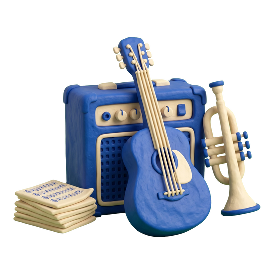 Music store illustration in blue and ivory clay