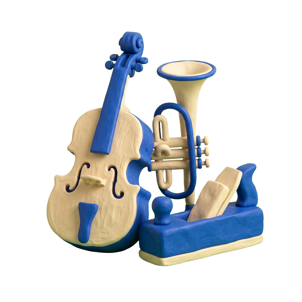 Musical instrument manufacturer illustration in blue and ivory clay