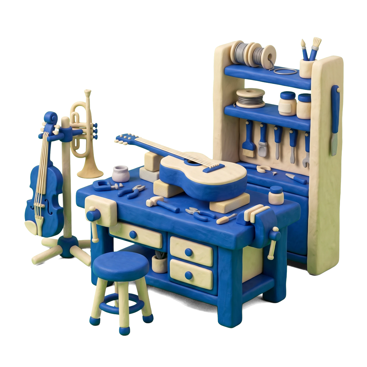 Musical instrument repair shop illustration in blue and ivory clay