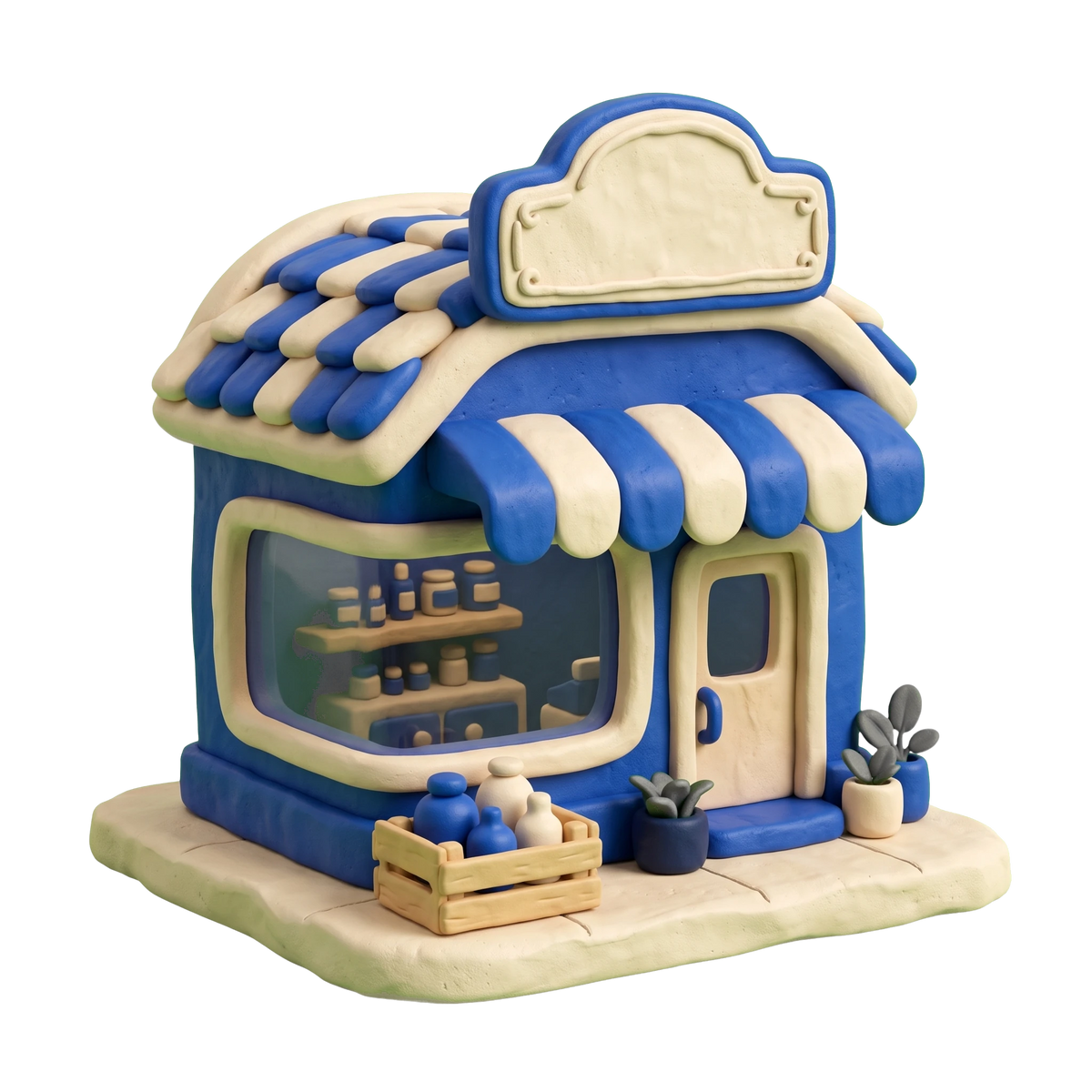 Natural goods store illustration in blue and ivory clay